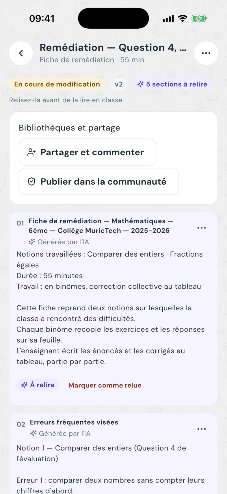 Une fiche de remédiation : sections à relire, partager et commenter, publier dans la communauté