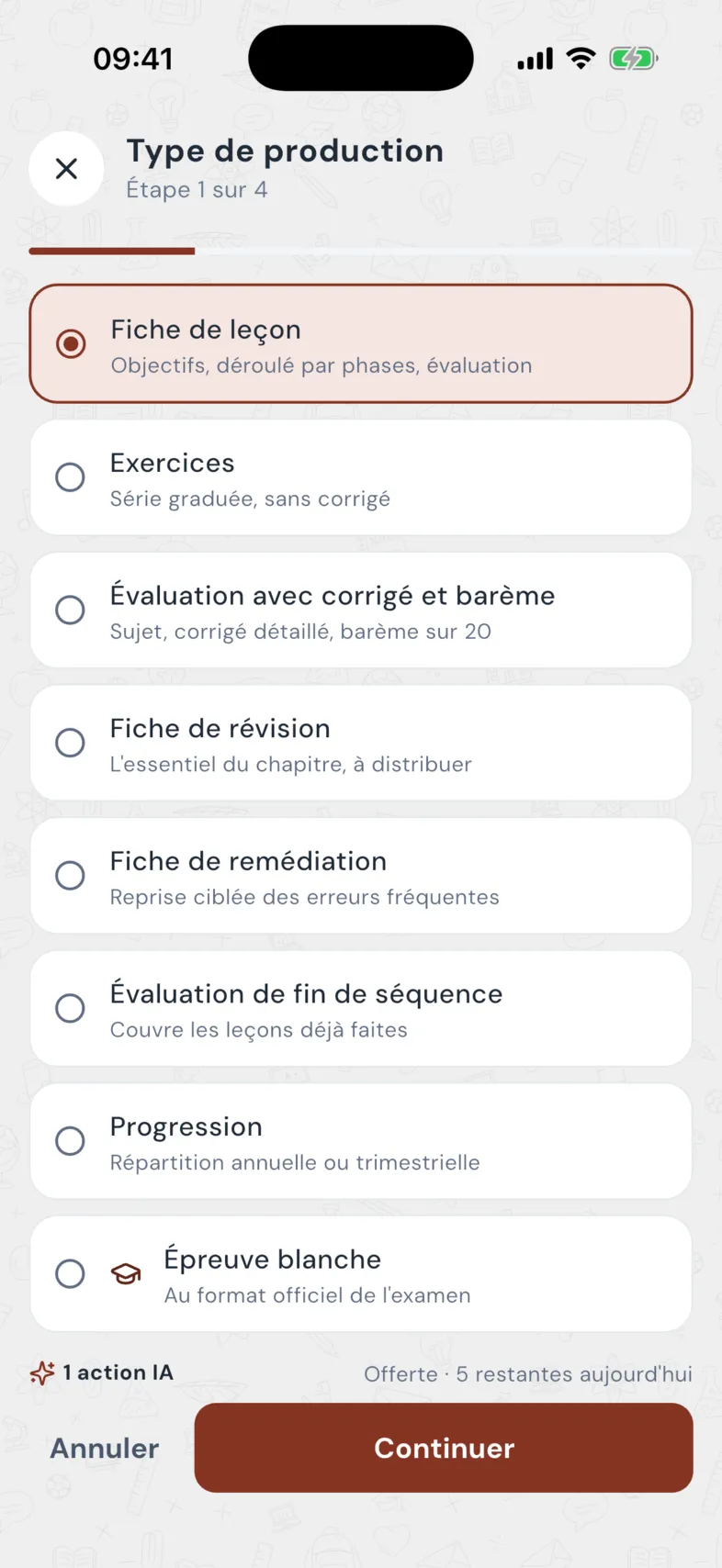 Type de production : fiche de leçon, exercices, évaluation avec corrigé et barème, révision, remédiation, progression, épreuve blanche
