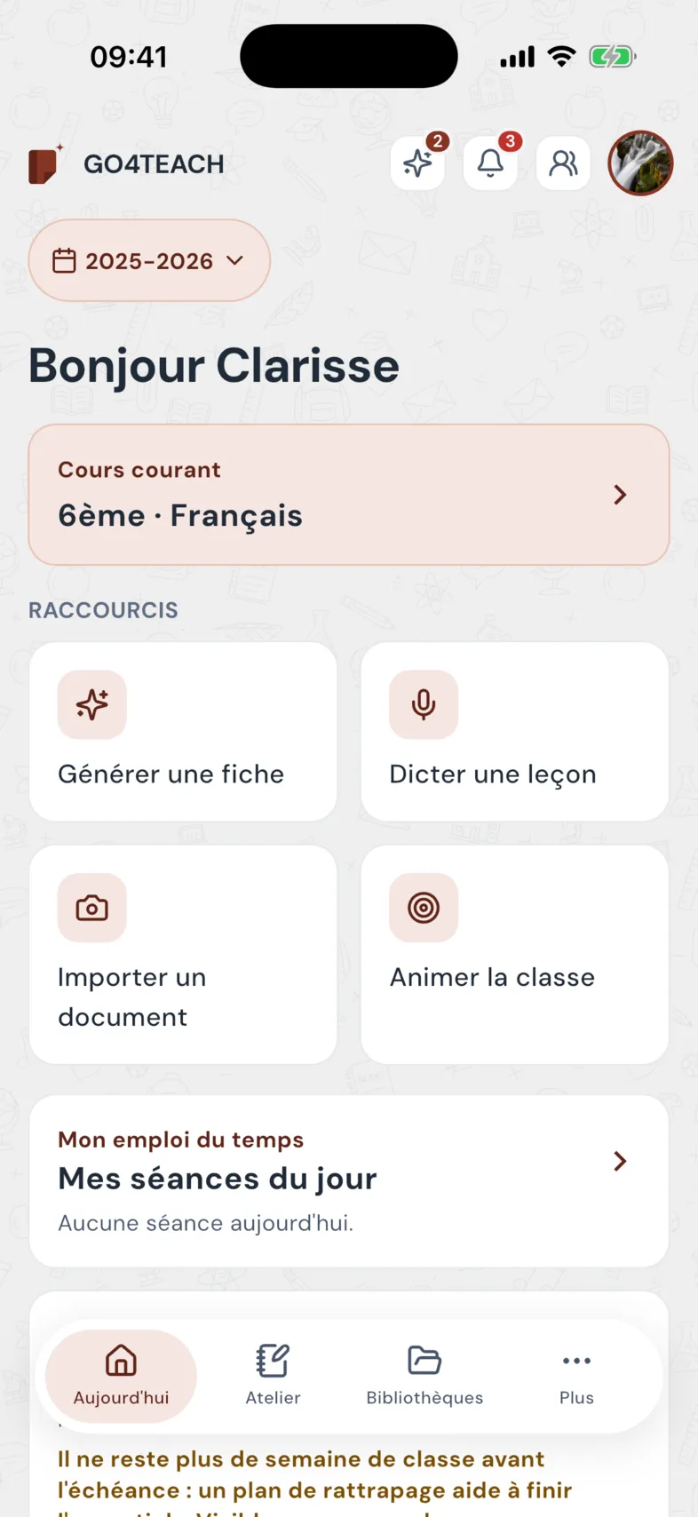 L'accueil GO4TEACH : le cours courant, générer une fiche, dicter une leçon, importer un document, animer la classe