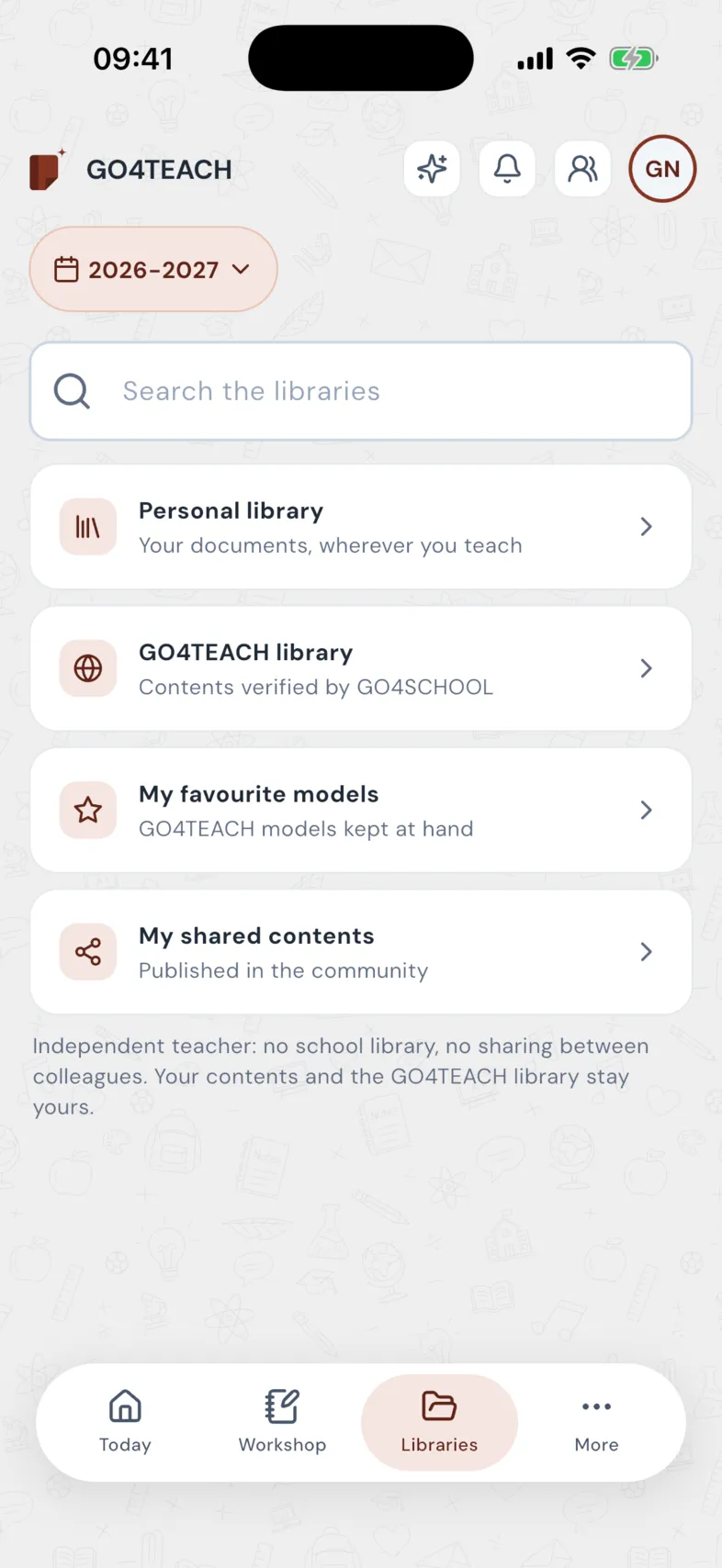 The libraries: personal, GO4TEACH's, favourite models, shared contents