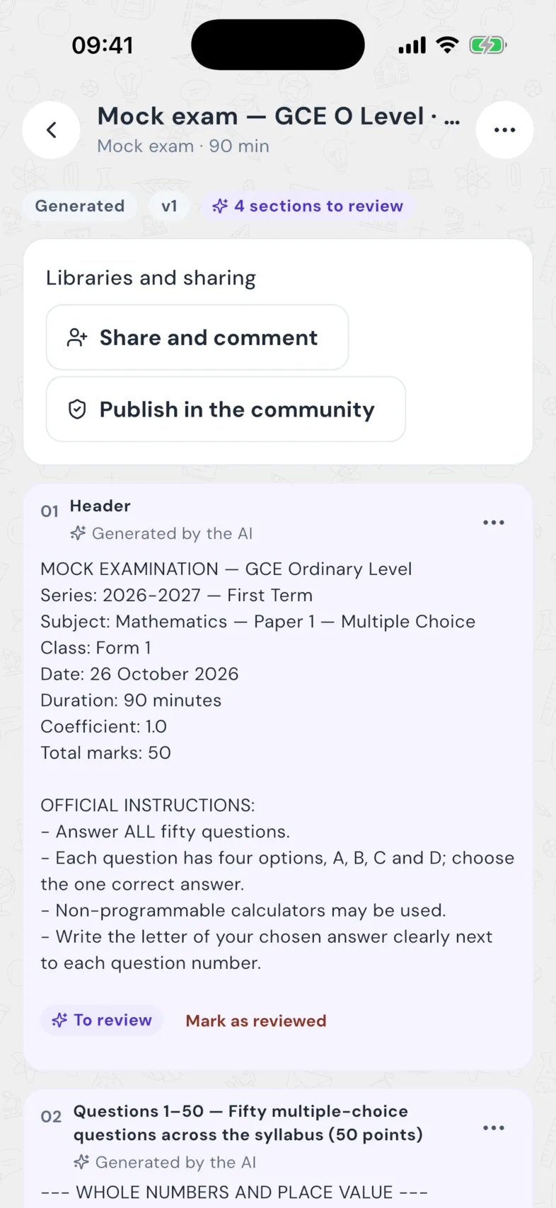 A mock exam in the GCE O Level format: heading, official instructions, 50 multiple-choice questions